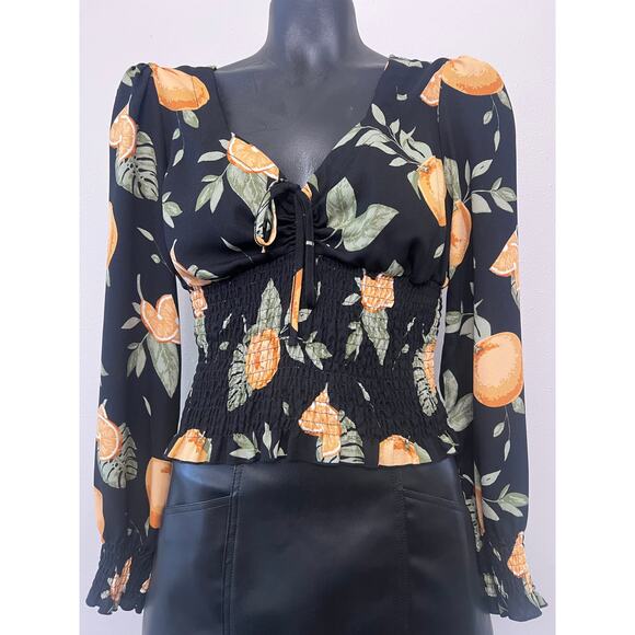 Maison Jules Babydoll Smocked Top Sz M Cropped Sheer Sleeves Cottagecore Twee - Picture 1 of 6